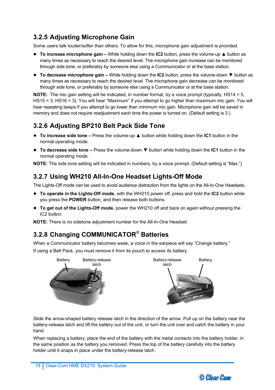 Adjusting microphone gain, Adjusting bp210 belt pack side tone, Using wh210 all-in-one headset lights-off mode | Changing communicator® batteries, 5 adjusting microphone gain, 6 adjusting bp210 belt pack side tone, 7 using wh210 all-in-one headset lights-off mode, 8 changing communicator batteries | Clear-Com HME DX210 User Manual | Page 21 / 36