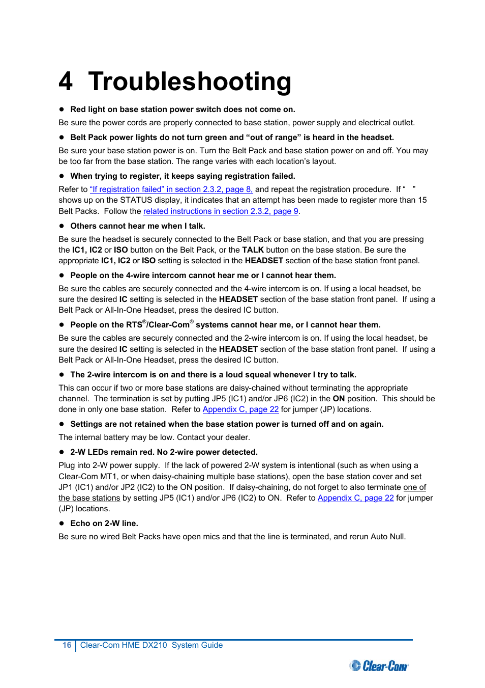 4 troubleshooting | Clear-Com HME DX210 User Manual | Page 22 / 36