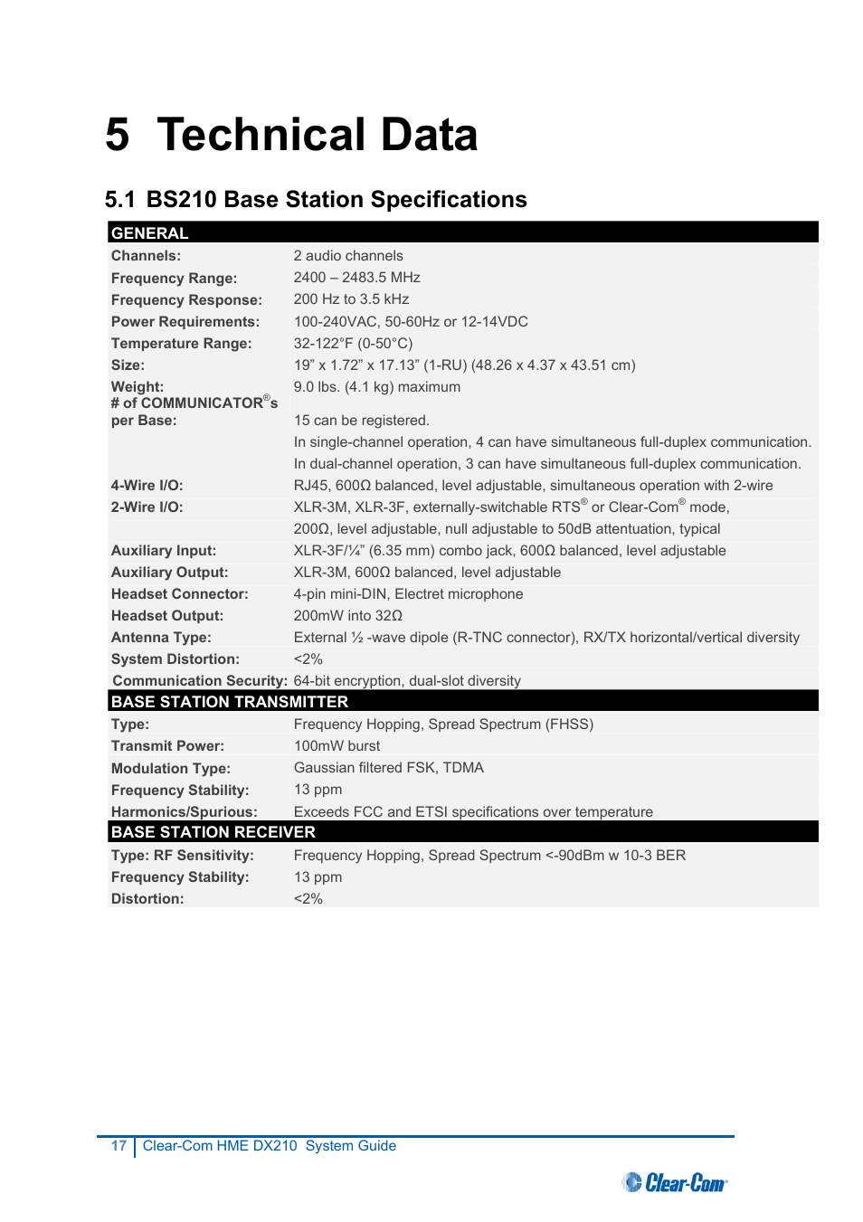 Bs210 base station specifications, 5 technical data, 1 bs210 base station specifications | Clear-Com HME DX210 User Manual | Page 23 / 36
