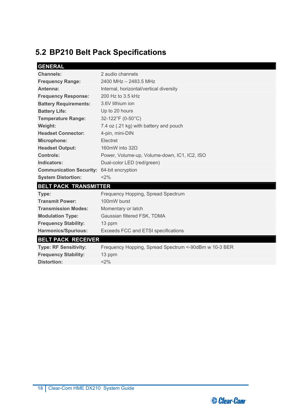 Bp210 belt pack specifications, 2 bp210 belt pack specifications | Clear-Com HME DX210 User Manual | Page 24 / 36