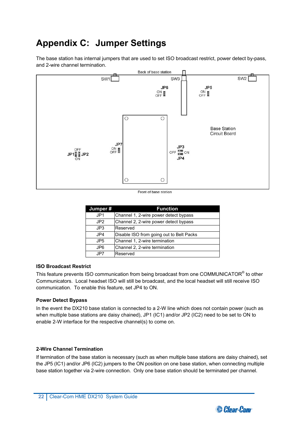 For termination. refer to, Appendix c: jumper settings | Clear-Com HME DX210 User Manual | Page 28 / 36