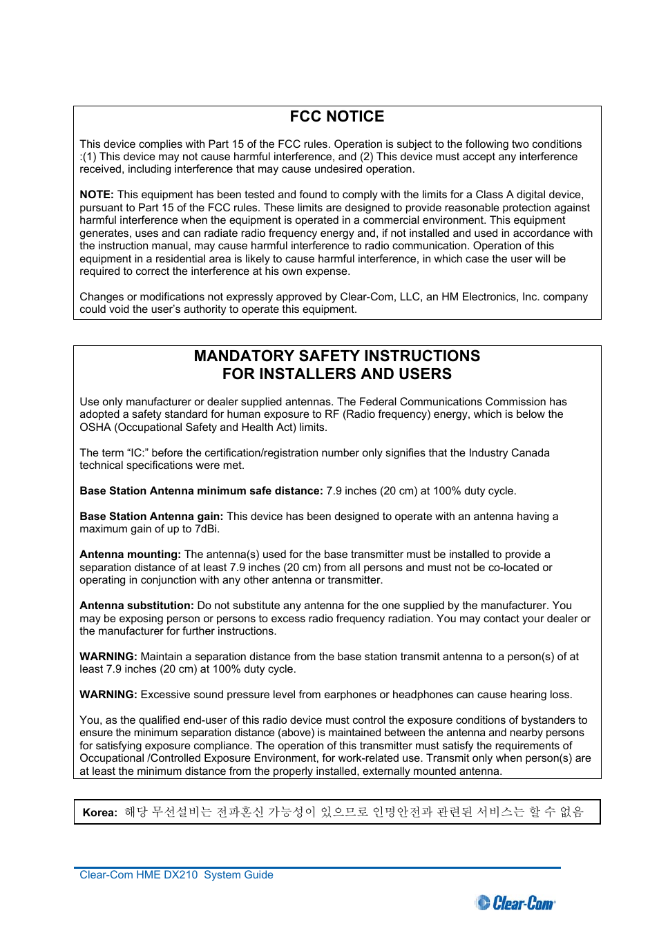 Fcc notice | Clear-Com HME DX210 User Manual | Page 4 / 36