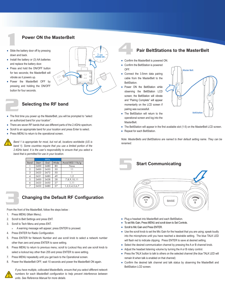 Power on the masterbelt start communicating, Selecting the rf band, Changing the default rf configuration | Pair beltstations to the masterbelt | Clear-Com CB-222 User Manual | Page 2 / 2