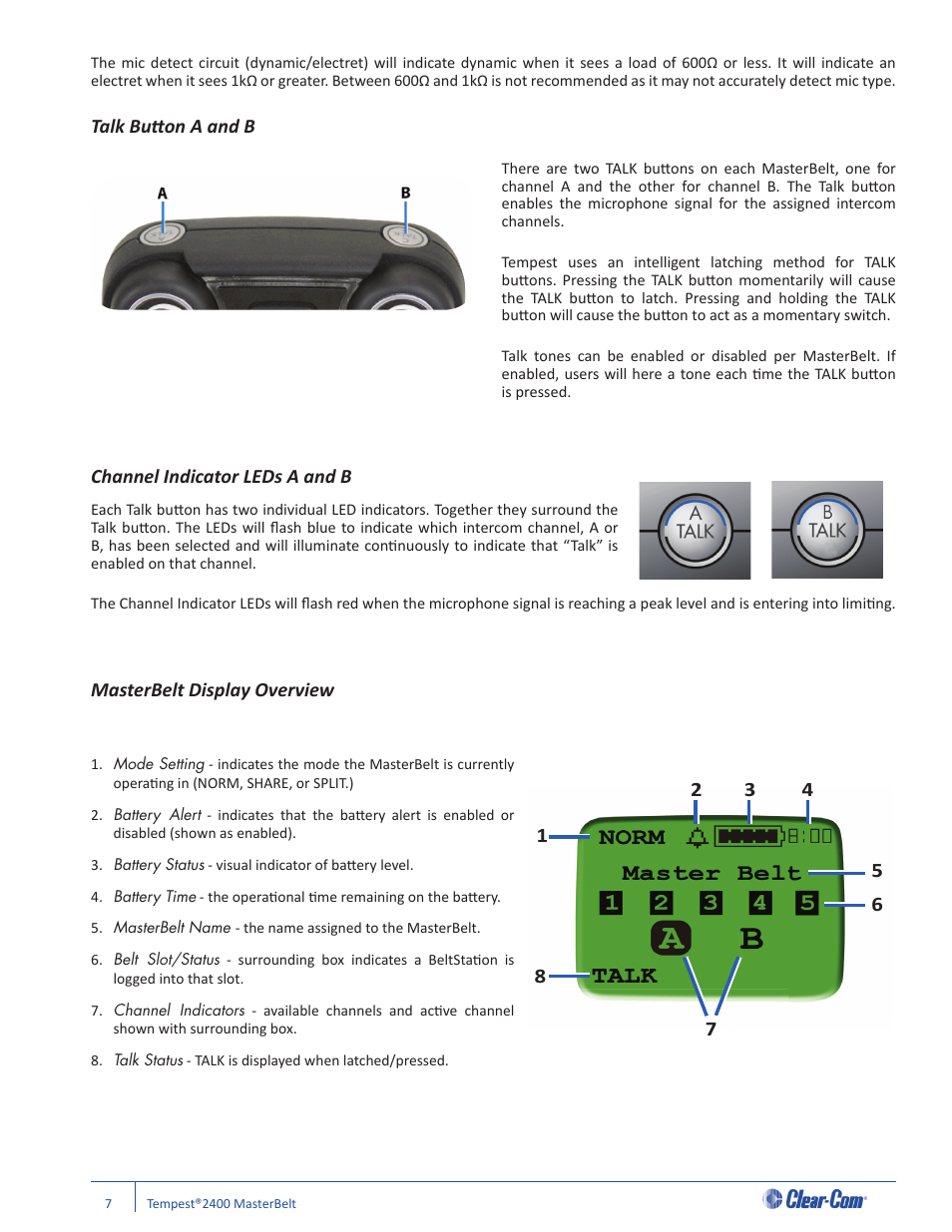 Talk butt on a and b, Channel indicator leds a and b, Masterbelt display overview | Clear-Com CB-222 User Manual | Page 11 / 32