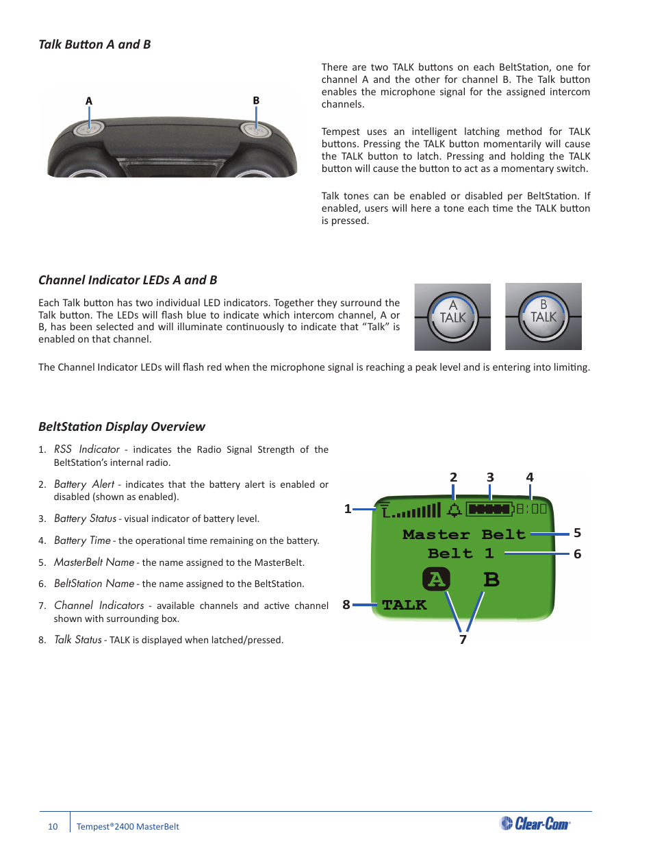 Talk butt on a and b, Channel indicator leds a and b, Beltstati on display overview | Clear-Com CB-222 User Manual | Page 14 / 32