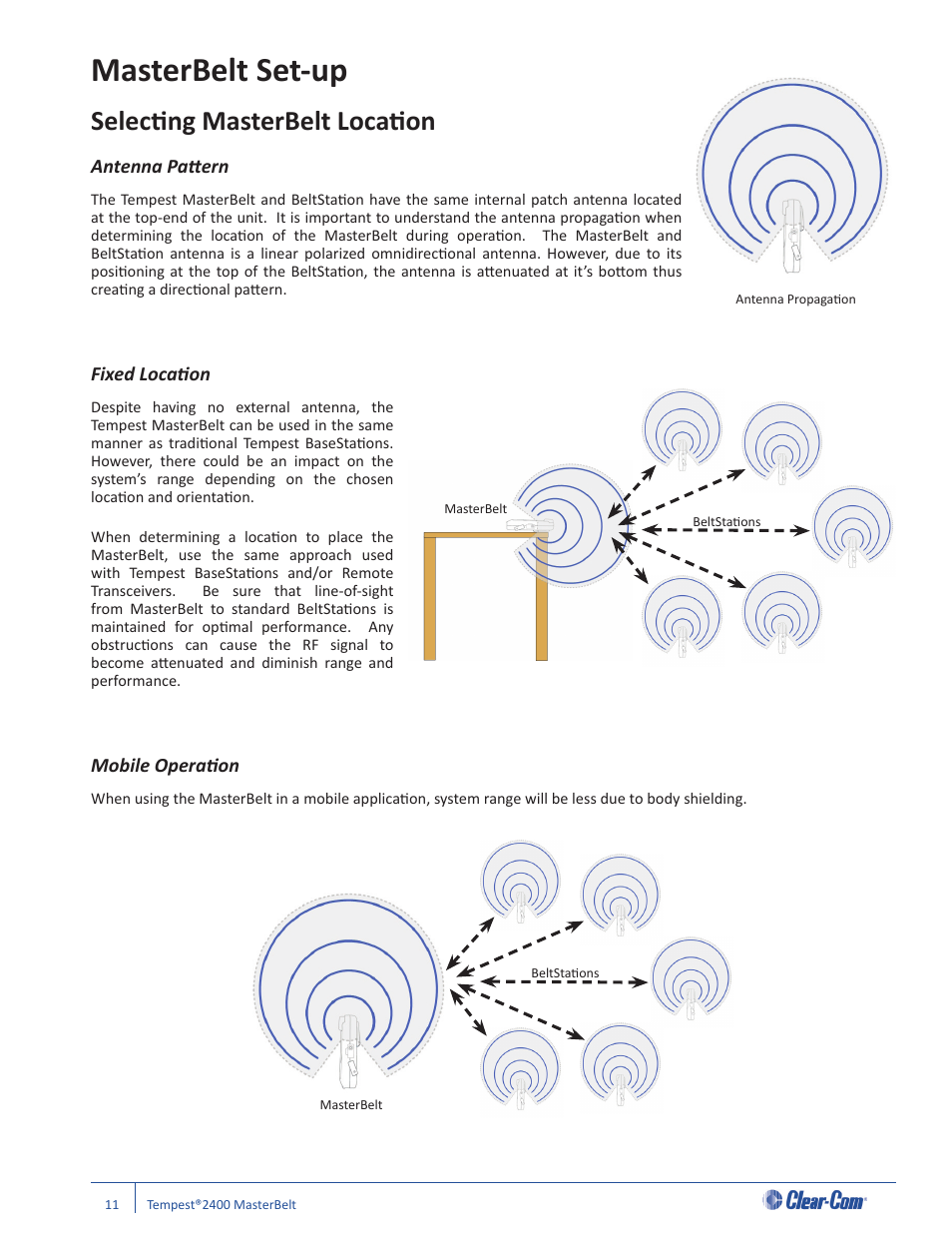 Masterbelt set-up, Selecti ng masterbelt locati on, Antenna patt ern | Fixed locati on, Mobile operati on | Clear-Com CB-222 User Manual | Page 15 / 32