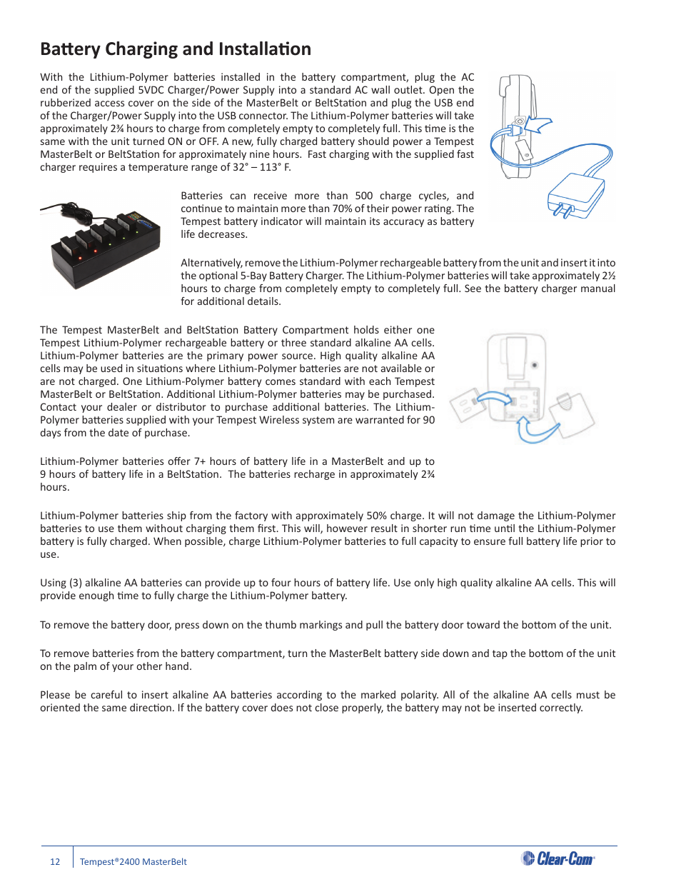 Batt ery charging and installati on | Clear-Com CB-222 User Manual | Page 16 / 32