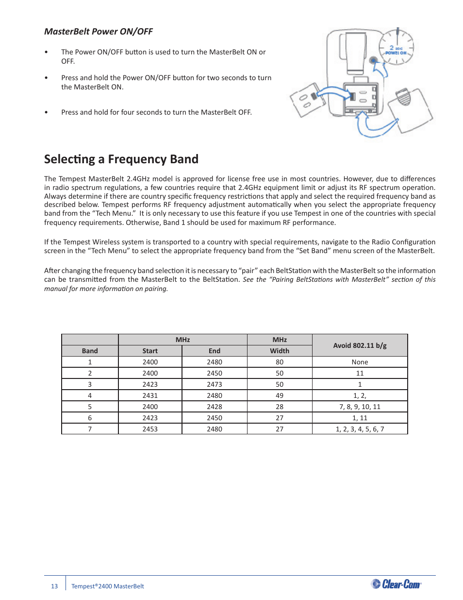 Selecti ng a frequency band, Masterbelt power on/off | Clear-Com CB-222 User Manual | Page 17 / 32