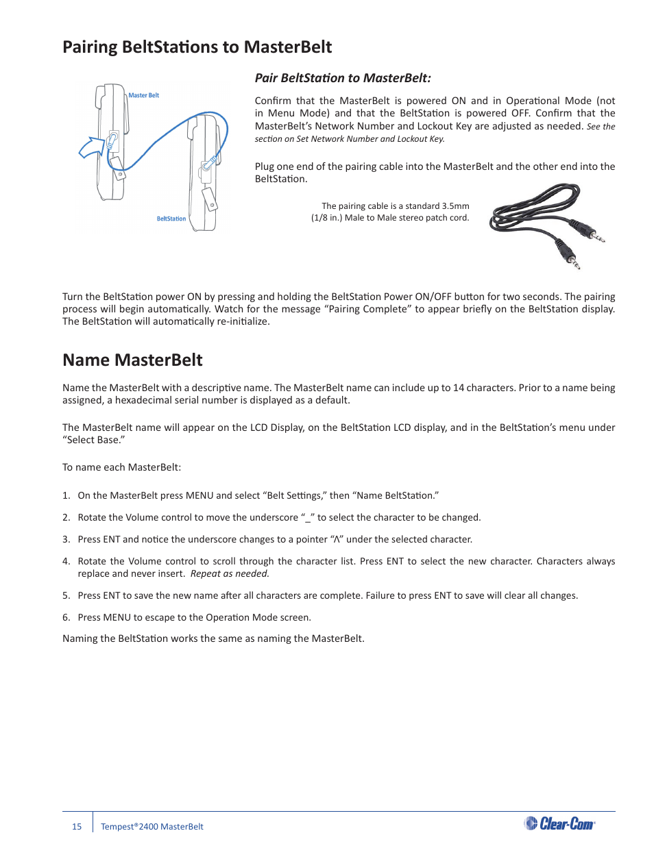 Pairing beltstati ons to masterbelt, Name masterbelt, Pair beltstati on to masterbelt | Clear-Com CB-222 User Manual | Page 19 / 32