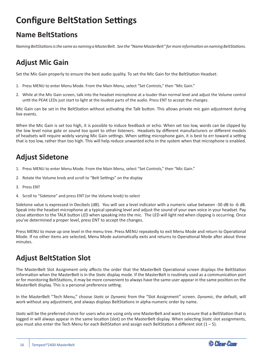 Confi gure beltstati on setti ngs, Name beltstati ons, Adjust mic gain | Adjust sidetone, Adjust beltstati on slot | Clear-Com CB-222 User Manual | Page 20 / 32