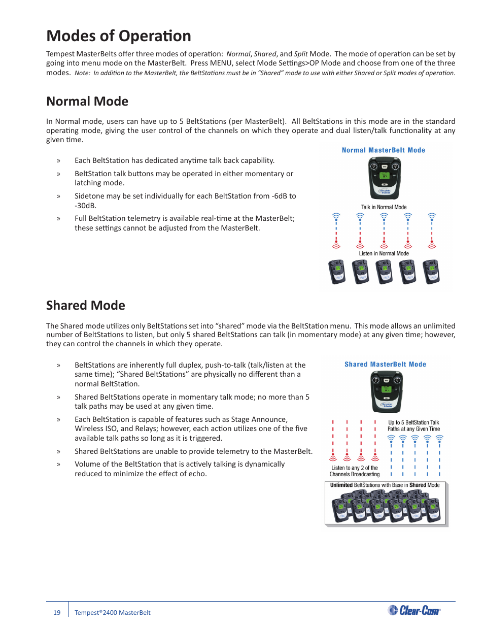 Modes of operati on, Normal mode, Shared mode | Clear-Com CB-222 User Manual | Page 23 / 32