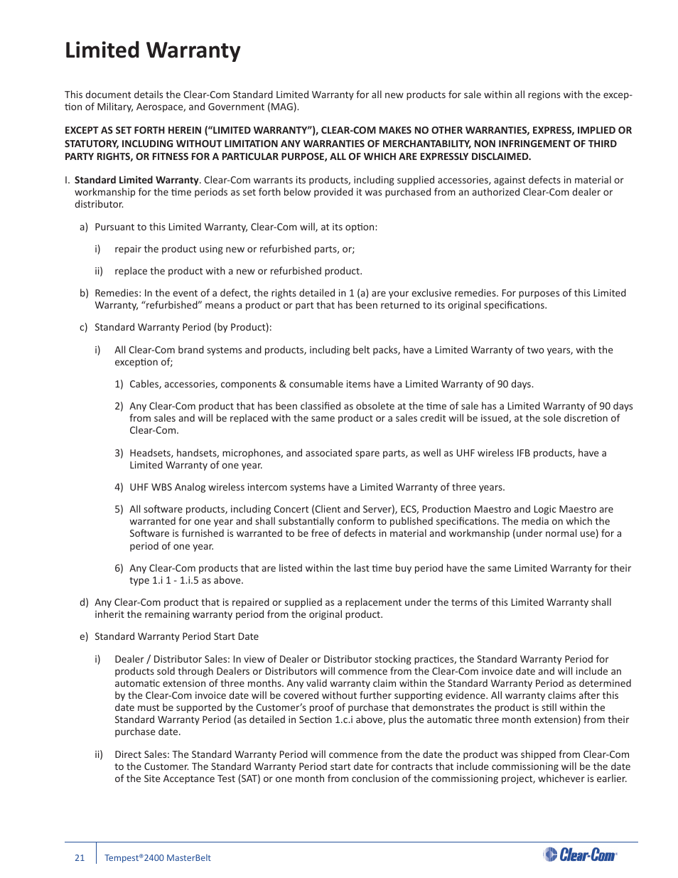 Limited warranty | Clear-Com CB-222 User Manual | Page 25 / 32