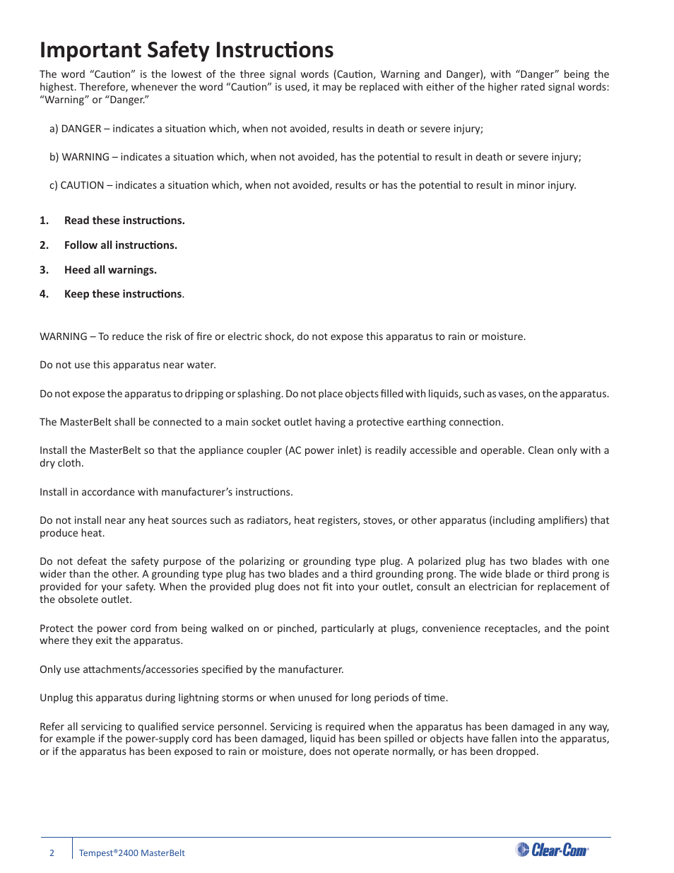 Important safety instructi ons | Clear-Com CB-222 User Manual | Page 6 / 32