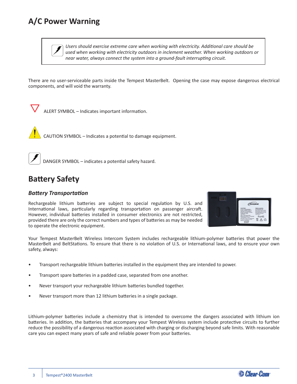 A/c power warning, Batt ery safety, Batt ery transportati on | Clear-Com CB-222 User Manual | Page 7 / 32