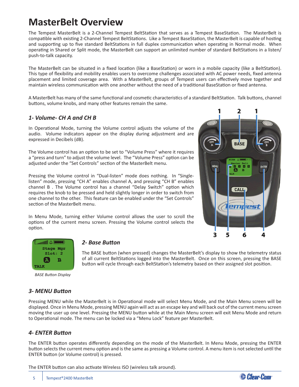 Masterbelt overview, Volume- ch a and ch b, Base butt on | Menu butt on, Enter butt on | Clear-Com CB-222 User Manual | Page 9 / 32