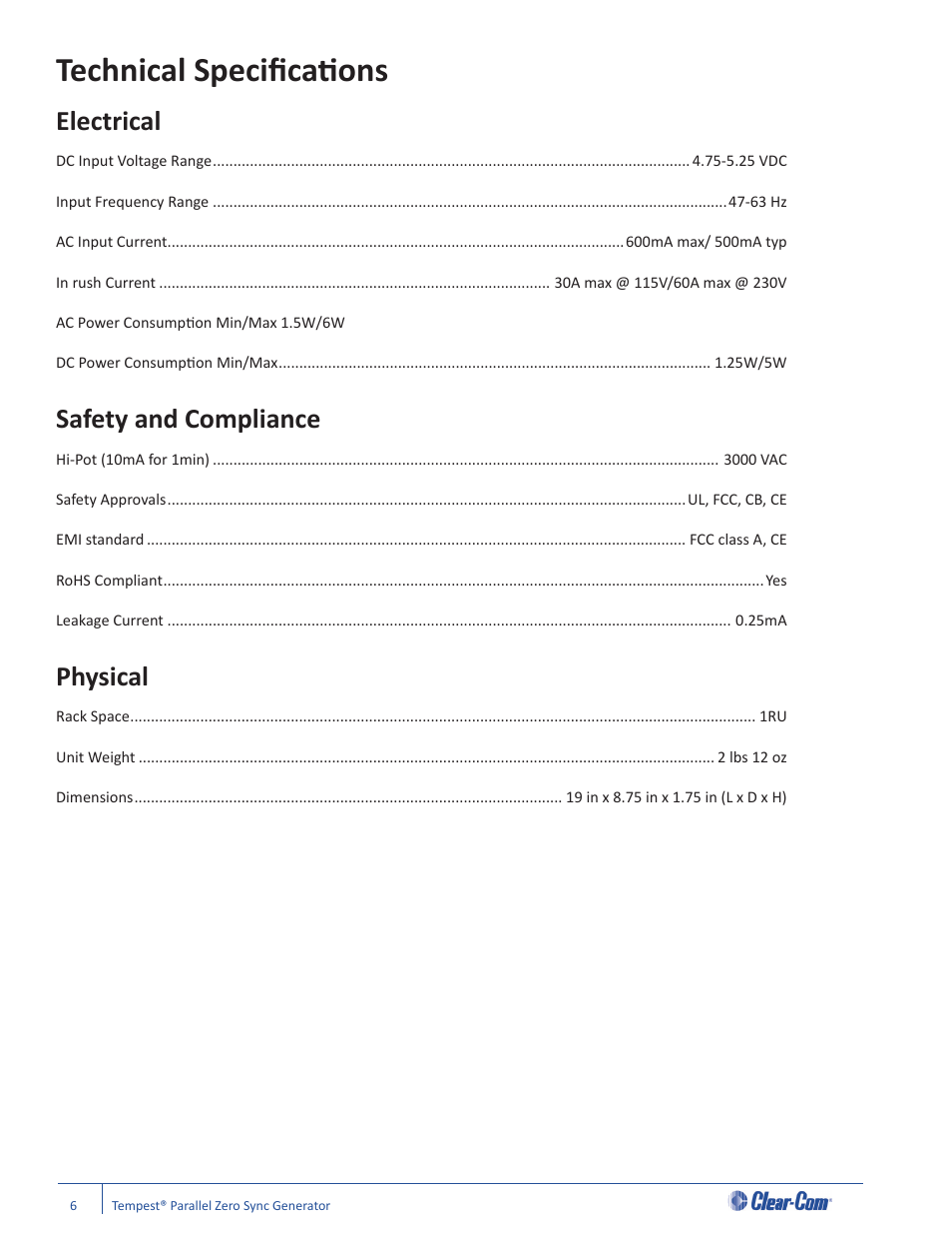 Technical specifi cati ons, Electrical, Safety and compliance | Physical | Clear-Com Tempest2400 User Manual | Page 10 / 16