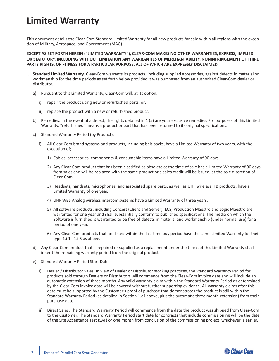 Limited warranty | Clear-Com Tempest2400 User Manual | Page 11 / 16