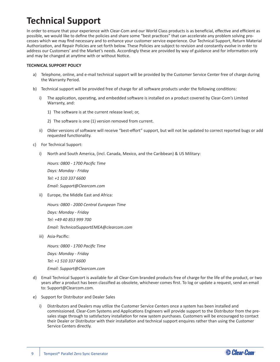 Technical support | Clear-Com Tempest2400 User Manual | Page 13 / 16