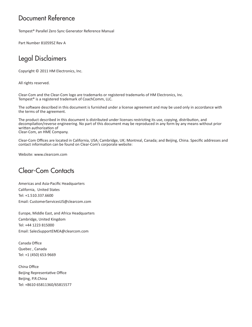 Document reference, Legal disclaimers, Clear-com contacts | Clear-Com Tempest2400 User Manual | Page 2 / 16