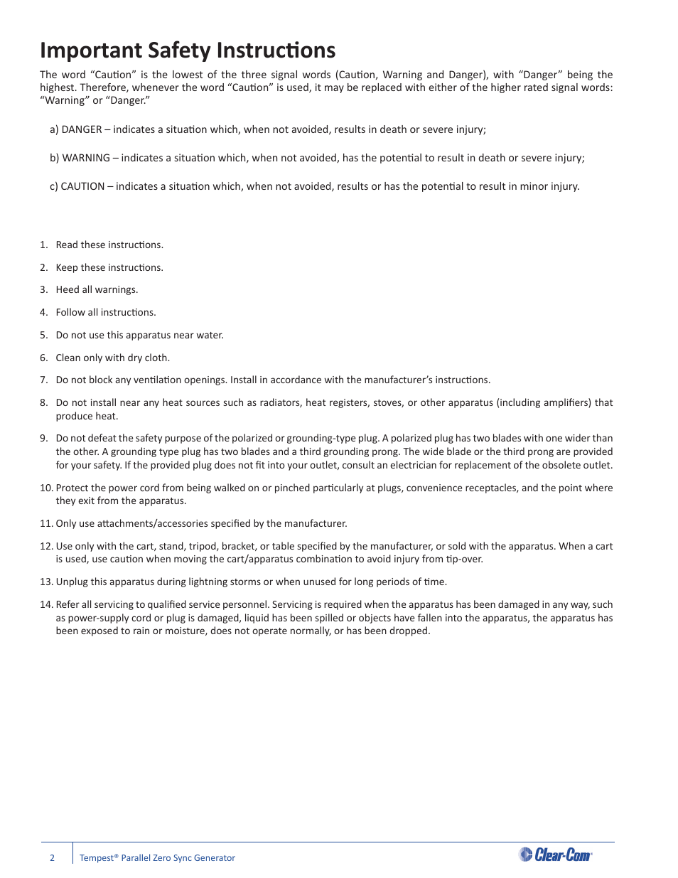 Important safety instructi ons | Clear-Com Tempest2400 User Manual | Page 6 / 16