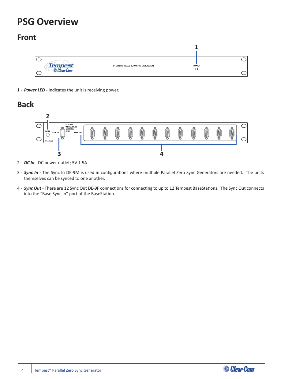 Psg overview, Front, Back | Clear-Com Tempest2400 User Manual | Page 8 / 16