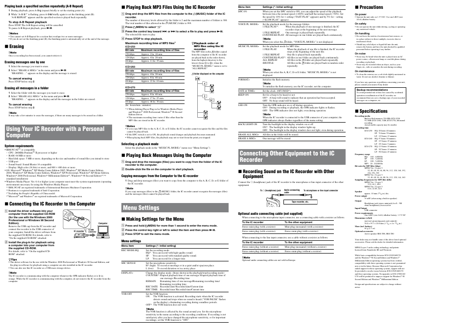 Using your ic recorder with a personal computer, Menu settings, Connecting other equipment to the ic recorder | Erasing, Connecting the ic recorder to the computer, Playing back mp3 files using the ic recorder, Playing back messages using the computer, Making settings for the menu, Precautions, Specifications | Sony ICD-U50 User Manual | Page 2 / 2