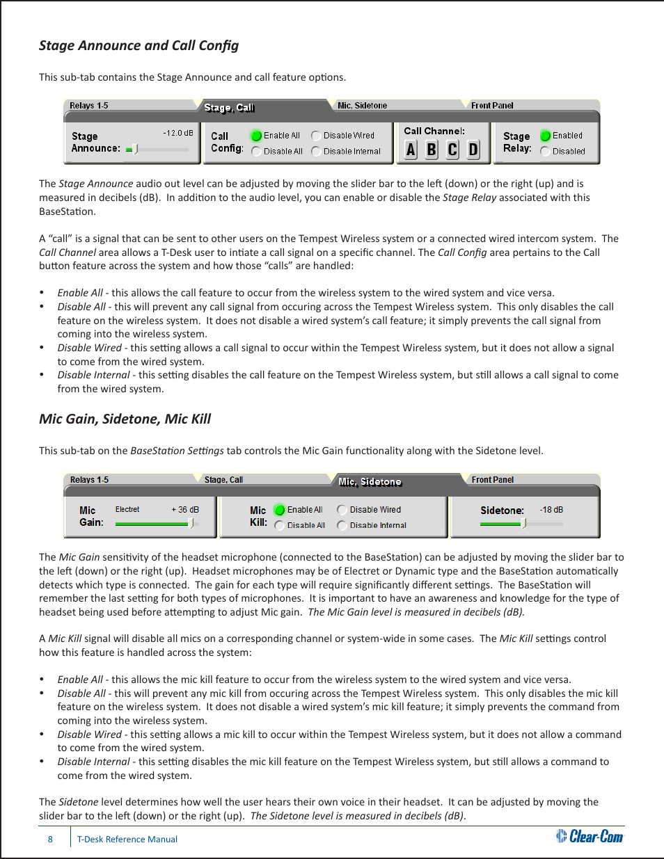 Stage announce and call config, Mic gain, sidetone, mic kill | Clear-Com CB-222 User Manual | Page 12 / 20