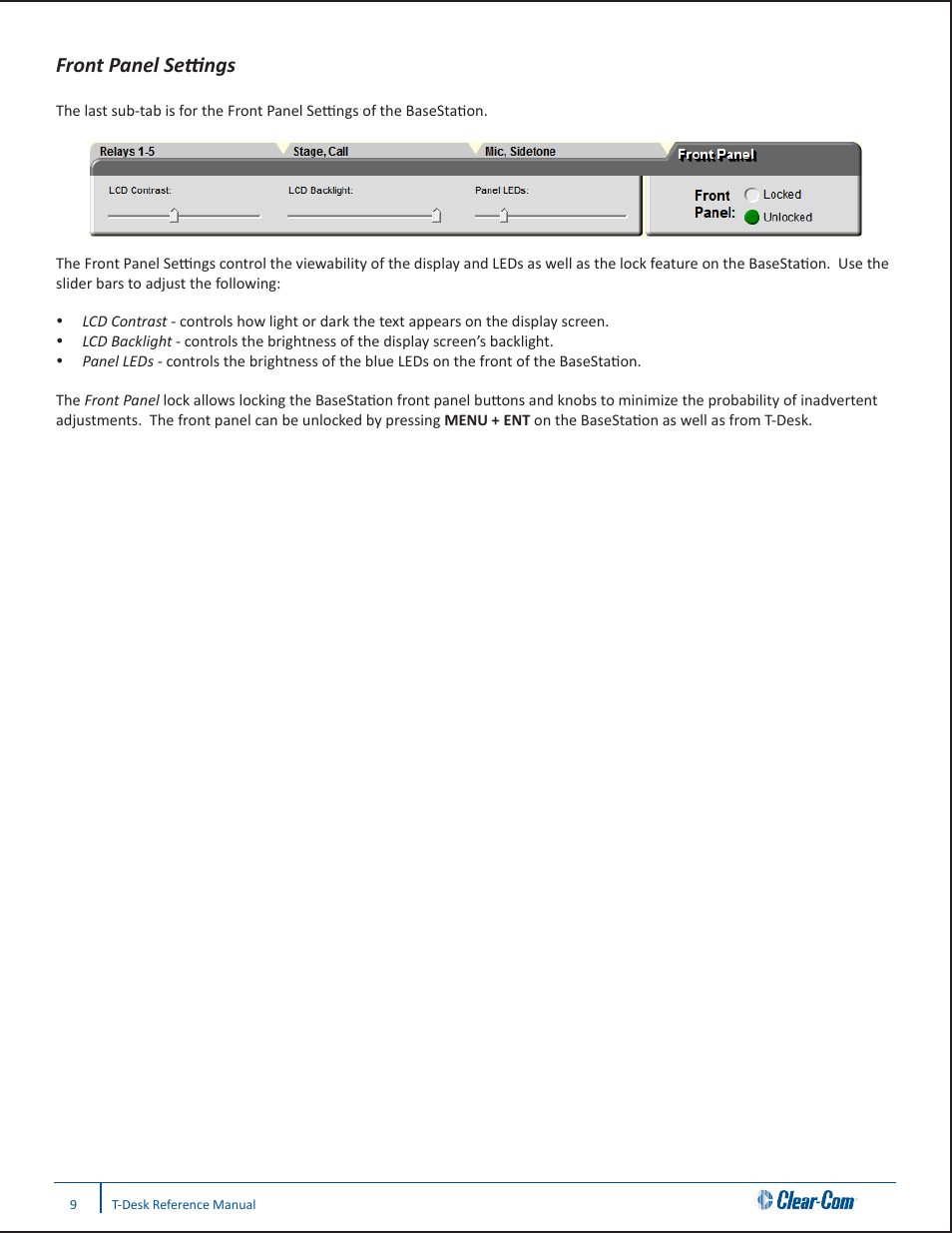 Front panel settings | Clear-Com CB-222 User Manual | Page 13 / 20