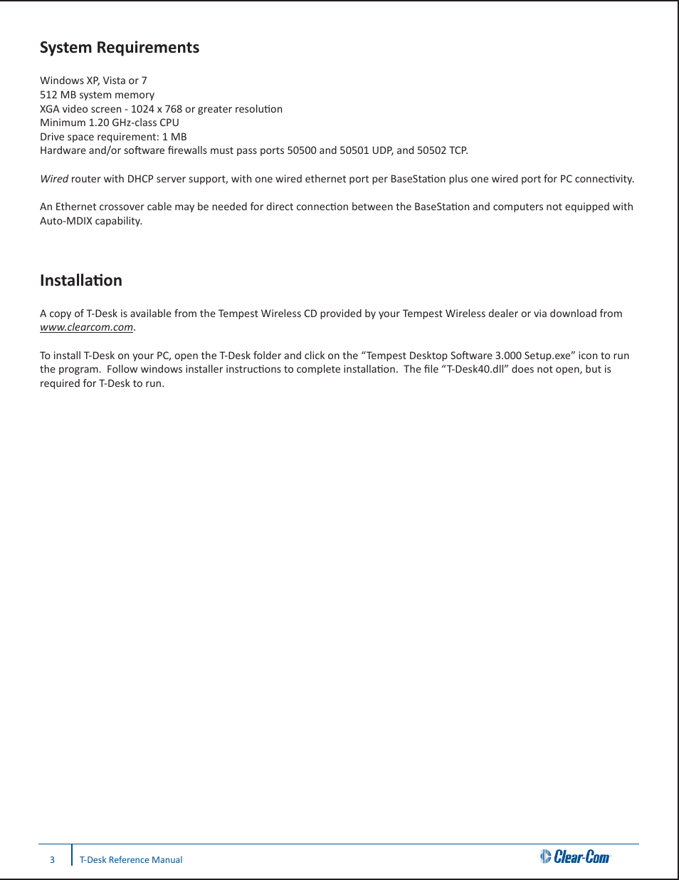 System requirements, Installation | Clear-Com CB-222 User Manual | Page 7 / 20