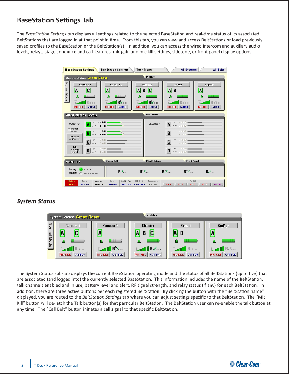 Basestation settings tab, System status | Clear-Com CB-222 User Manual | Page 9 / 20