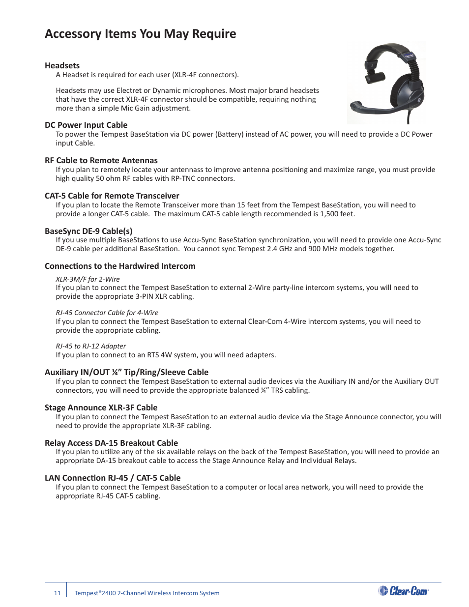 Accessory items you may require | Clear-Com Tempest2400 User Manual | Page 17 / 106