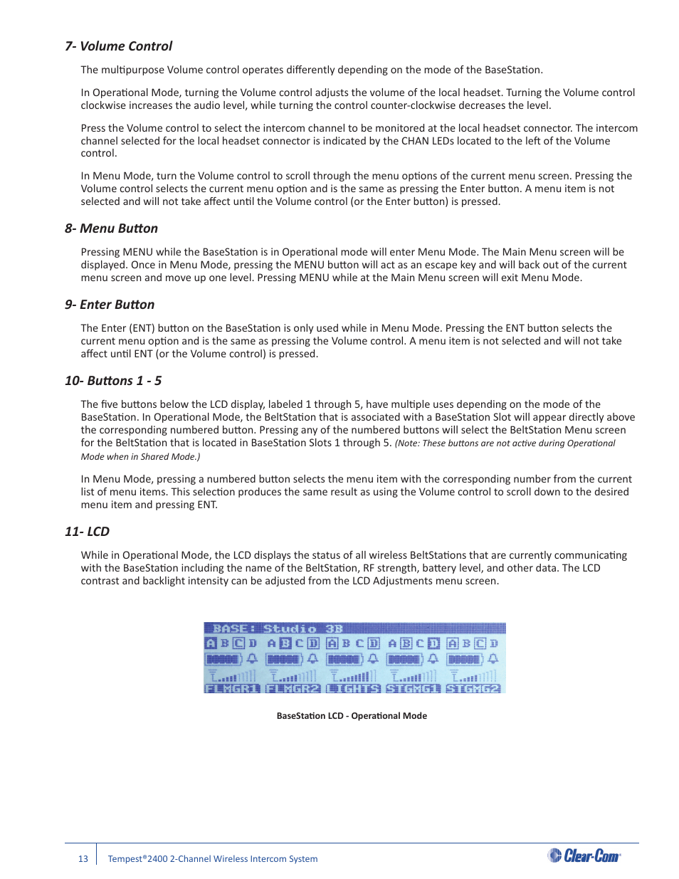 Volume control, Menu butt on, Enter butt on | Butt ons 1 - 5 | Clear-Com Tempest2400 User Manual | Page 19 / 106