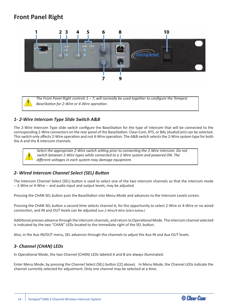 Front panel right, 2-wire intercom type slide switch a&b, Wired intercom channel select (sel) butt on | Channel (chan) leds | Clear-Com Tempest2400 User Manual | Page 20 / 106