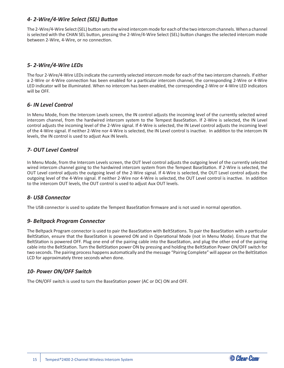 2-wire/4-wire select (sel) butt on, 2-wire/4-wire leds, Out level control | Usb connector, Beltpack program connector, Power on/off switch | Clear-Com Tempest2400 User Manual | Page 21 / 106