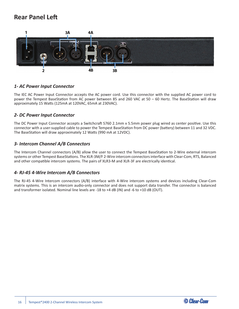 Rear panel left, Ac power input connector, Dc power input connector | 3 - intercom channel a/b connectors, 4 - rj-45 4-wire intercom a/b connectors | Clear-Com Tempest2400 User Manual | Page 22 / 106