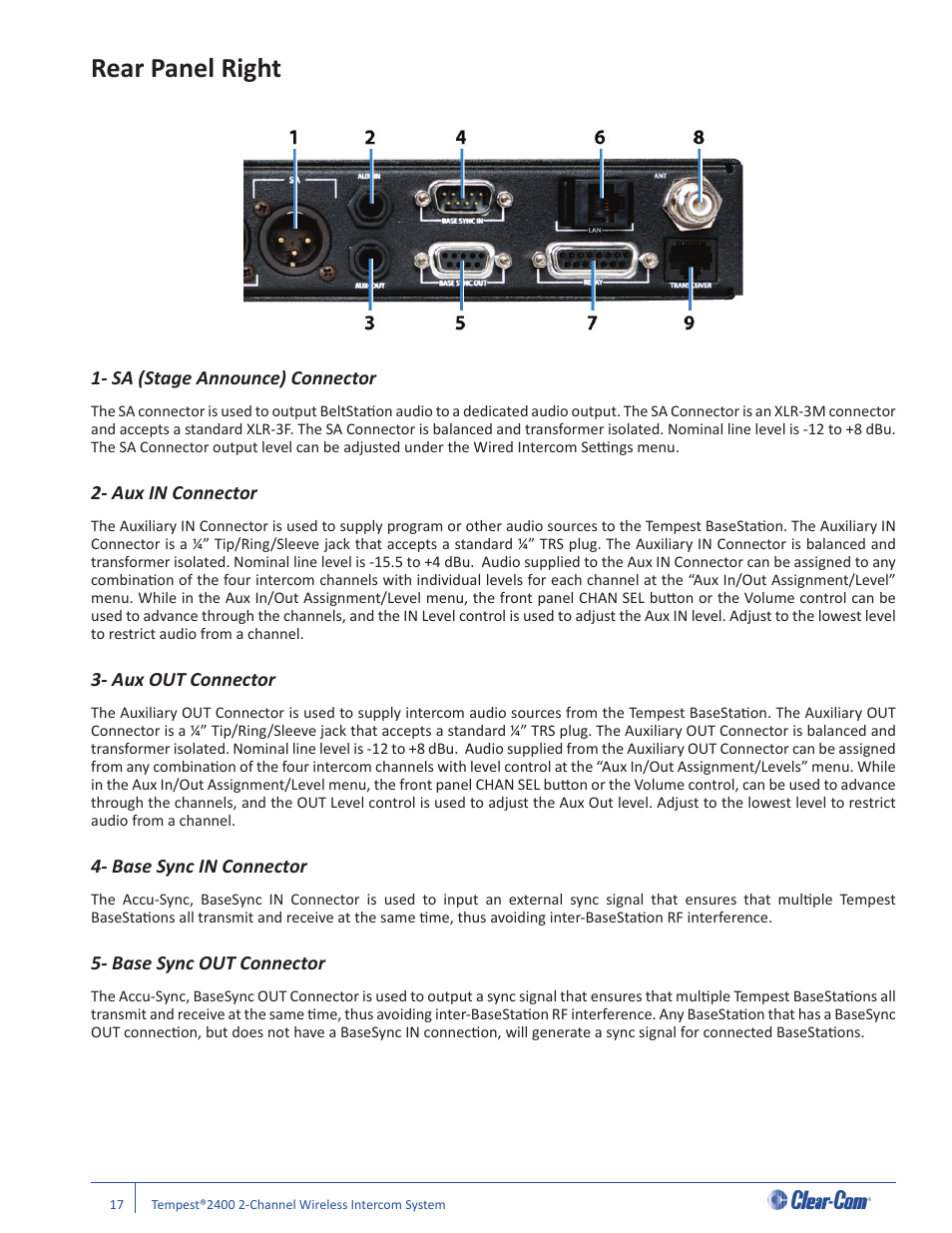 Rear panel right, Sa (stage announce) connector, Aux in connector | Aux out connector, Base sync in connector, Base sync out connector | Clear-Com Tempest2400 User Manual | Page 23 / 106