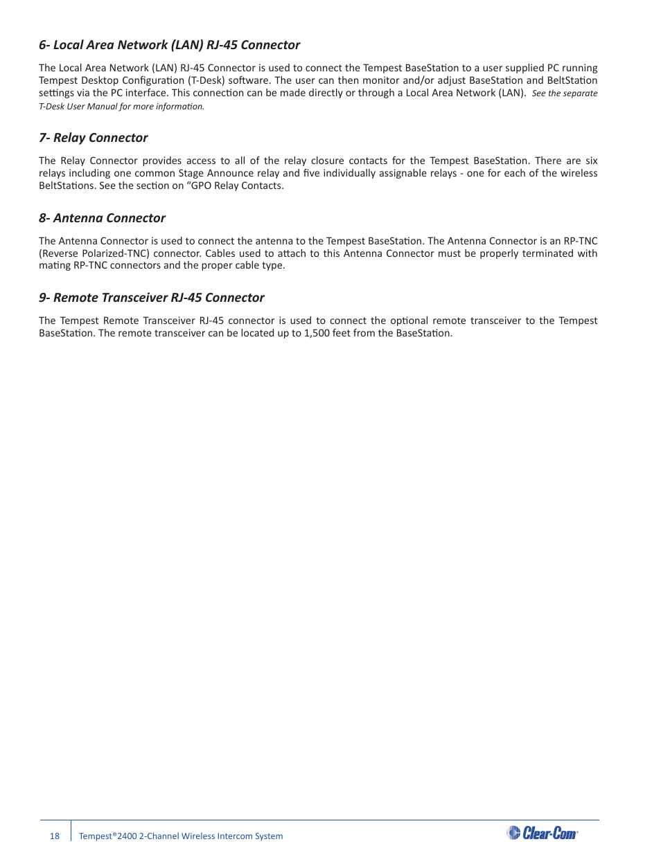 Local area network (lan) rj-45 connector, Relay connector, Antenna connector | Remote transceiver rj-45 connector | Clear-Com Tempest2400 User Manual | Page 24 / 106