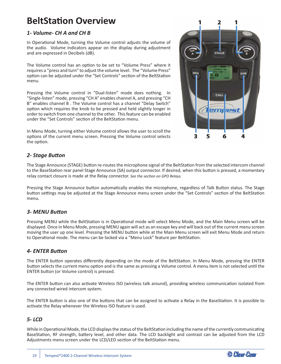 Beltstati on overview, Volume- ch a and ch b, Stage butt on | Menu butt on, Enter butt on | Clear-Com Tempest2400 User Manual | Page 25 / 106