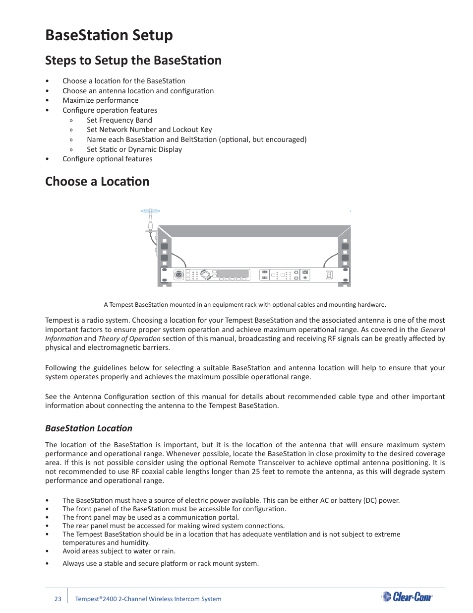 Basestati on setup, Steps to setup the basestati on, Choose a locati on | Basestati on locati on | Clear-Com Tempest2400 User Manual | Page 29 / 106