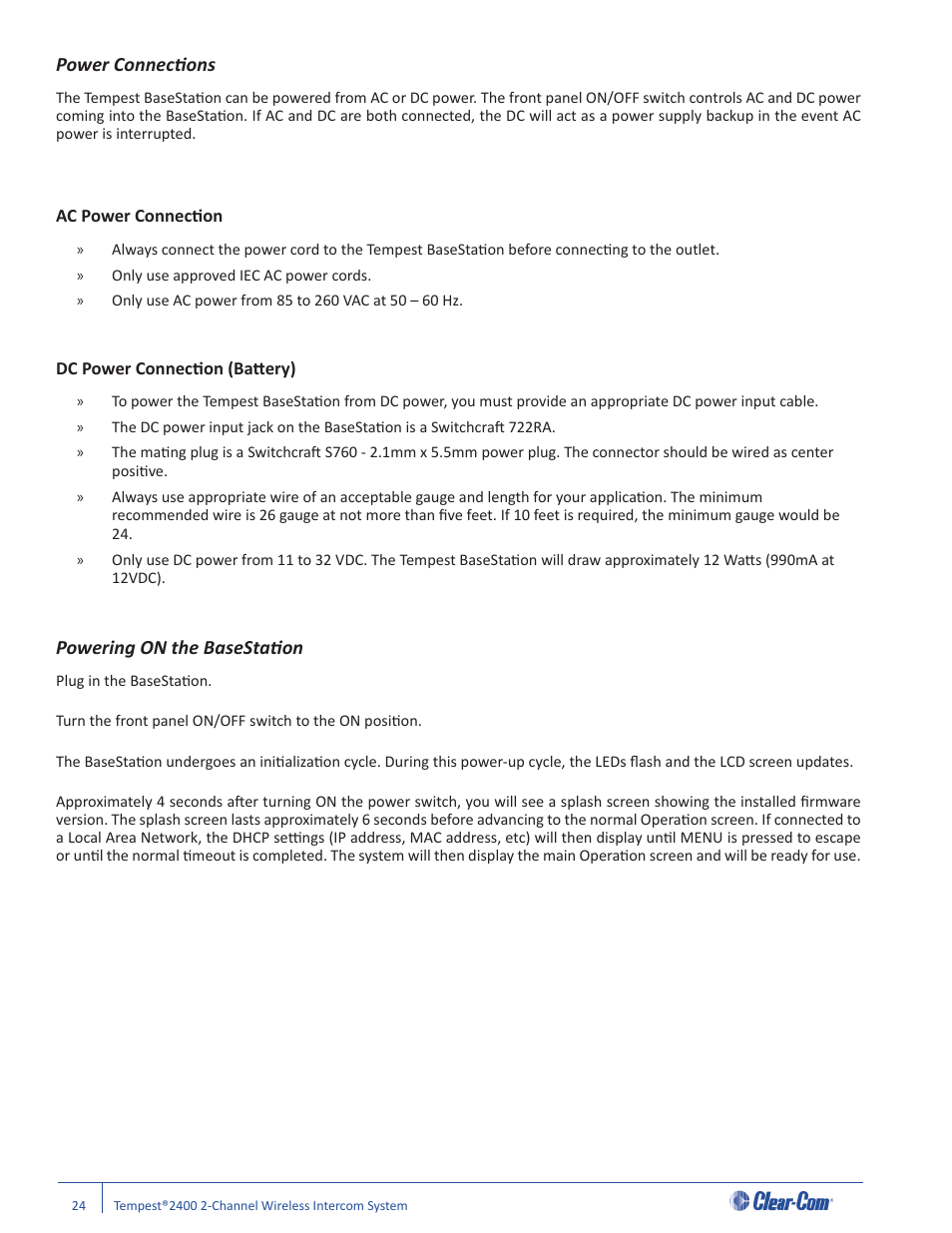 Power connecti ons, Powering on the basestati on | Clear-Com Tempest2400 User Manual | Page 30 / 106