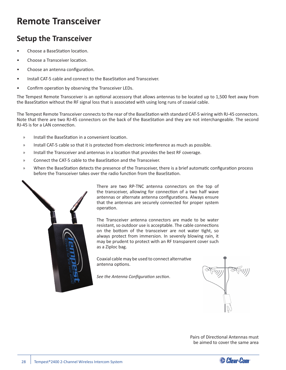 Remote transceiver, Setup the transceiver | Clear-Com Tempest2400 User Manual | Page 34 / 106