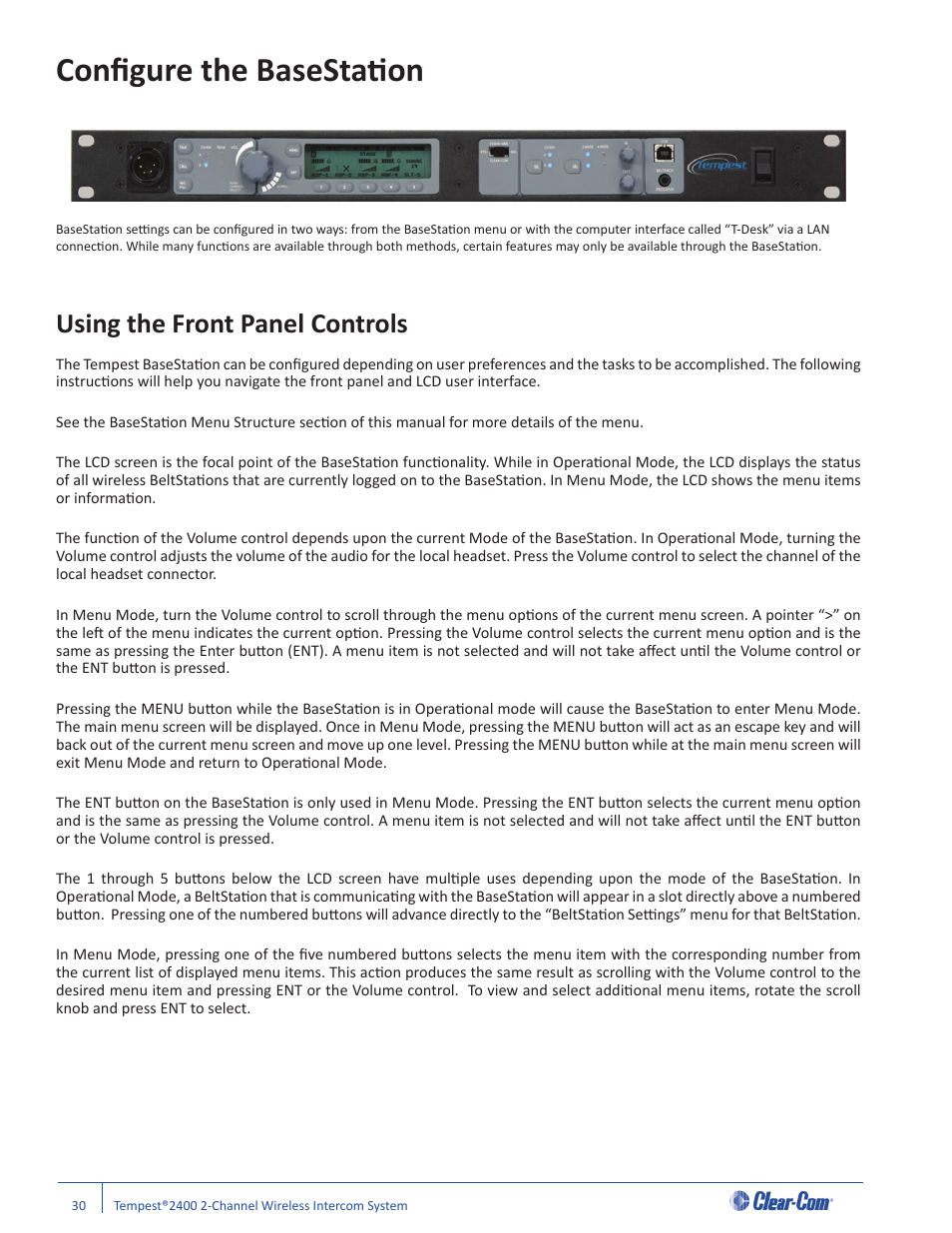 Confi gure the basestati on, Using the front panel controls | Clear-Com Tempest2400 User Manual | Page 36 / 106
