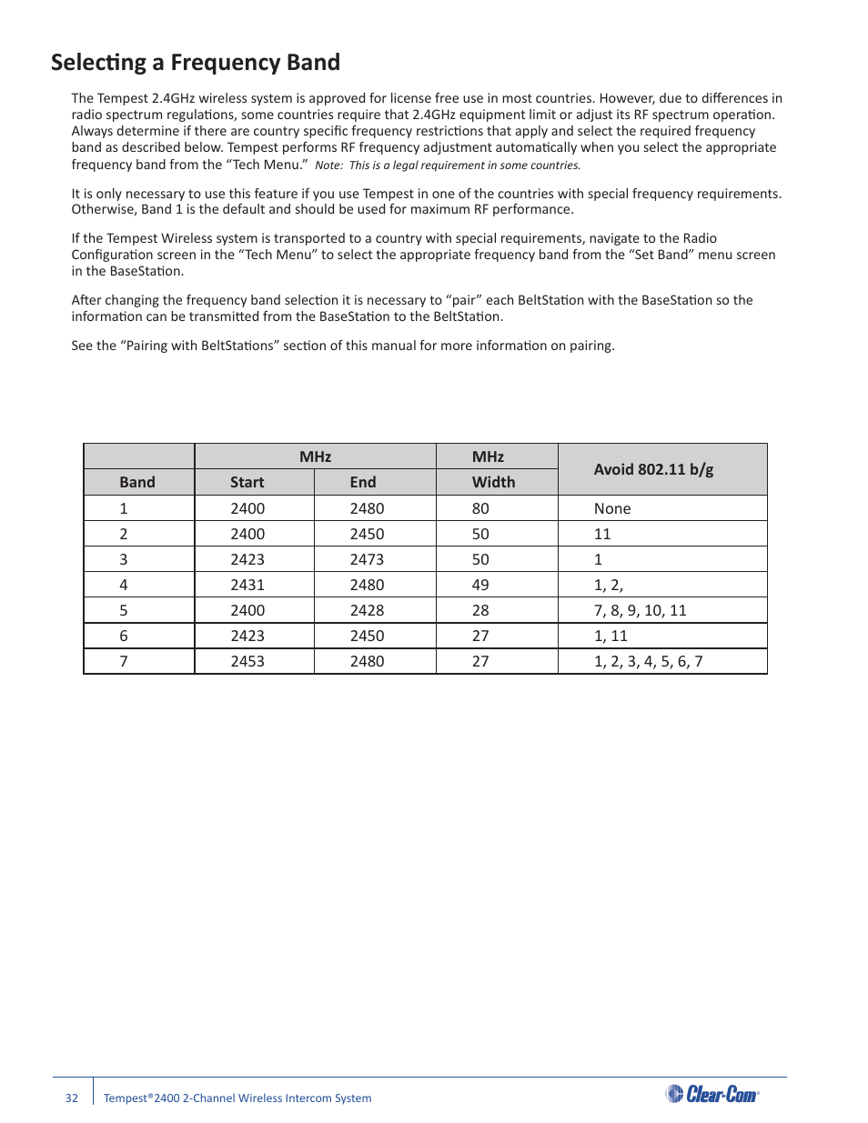 Selecti ng a frequency band | Clear-Com Tempest2400 User Manual | Page 38 / 106