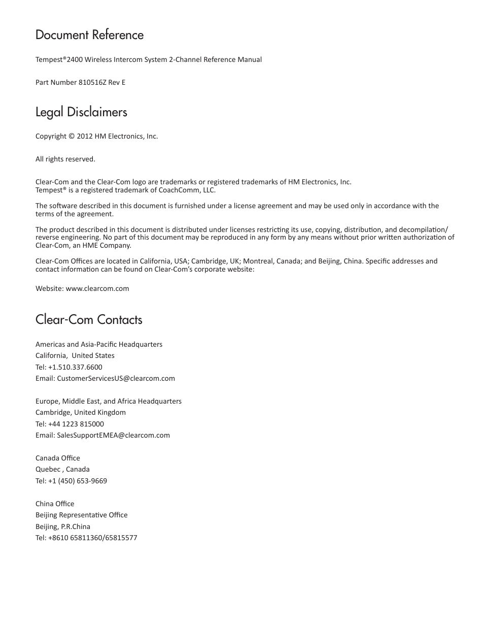 Document reference, Legal disclaimers, Clear-com contacts | Clear-Com Tempest2400 User Manual | Page 4 / 106