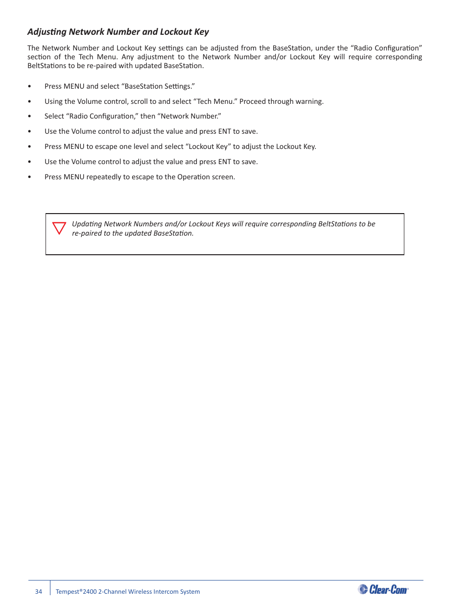 Adjusti ng network number and lockout key | Clear-Com Tempest2400 User Manual | Page 40 / 106