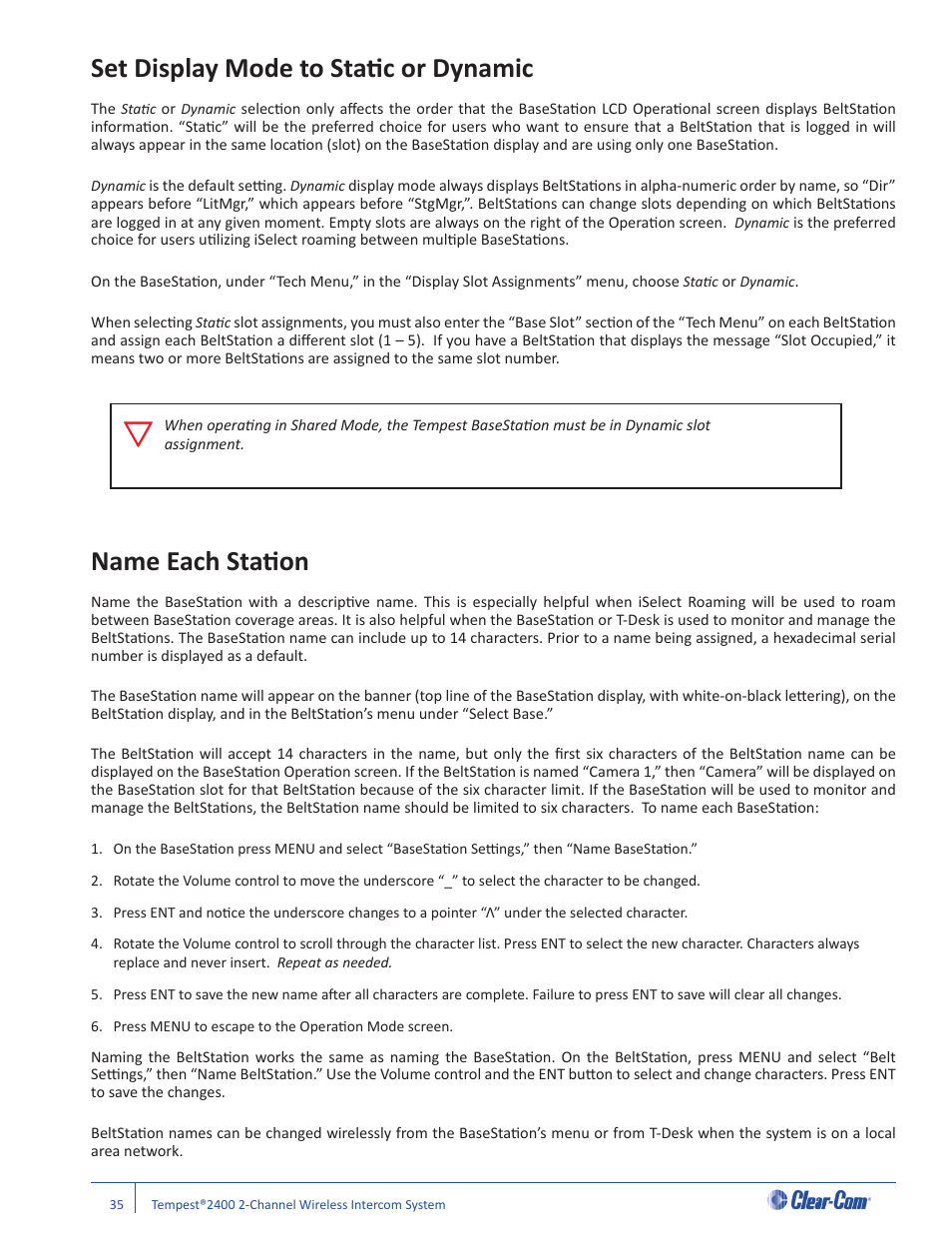 Set display mode to stati c or dynamic, Name each stati on | Clear-Com Tempest2400 User Manual | Page 41 / 106