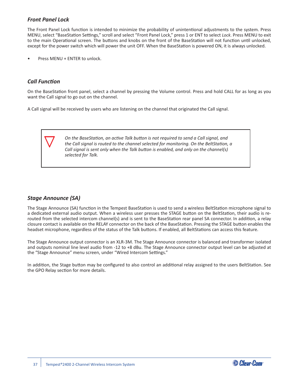 Front panel lock, Call functi on, Stage announce (sa) | Clear-Com Tempest2400 User Manual | Page 43 / 106