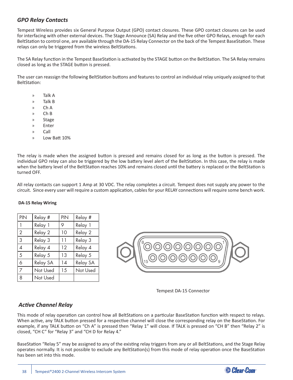 Gpo relay contacts, Acti ve channel relay | Clear-Com Tempest2400 User Manual | Page 44 / 106