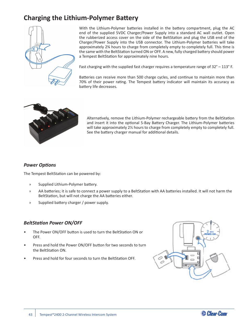 Charging the lithium-polymer batt ery, Power opti ons, Beltstati on power on/off | Clear-Com Tempest2400 User Manual | Page 49 / 106