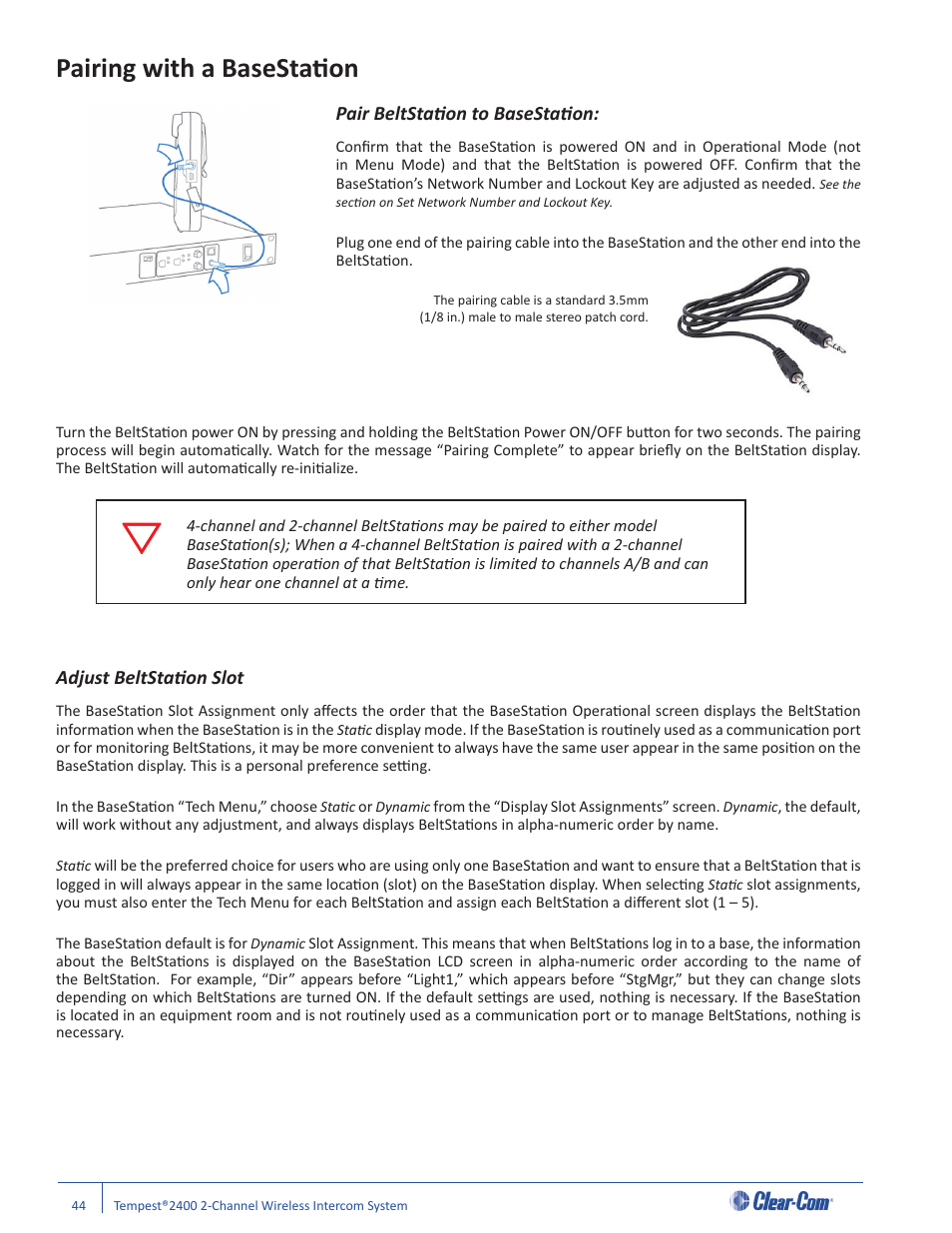 Pairing with a basestati on, Pair beltstati on to basestati on, Adjust beltstati on slot | Clear-Com Tempest2400 User Manual | Page 50 / 106